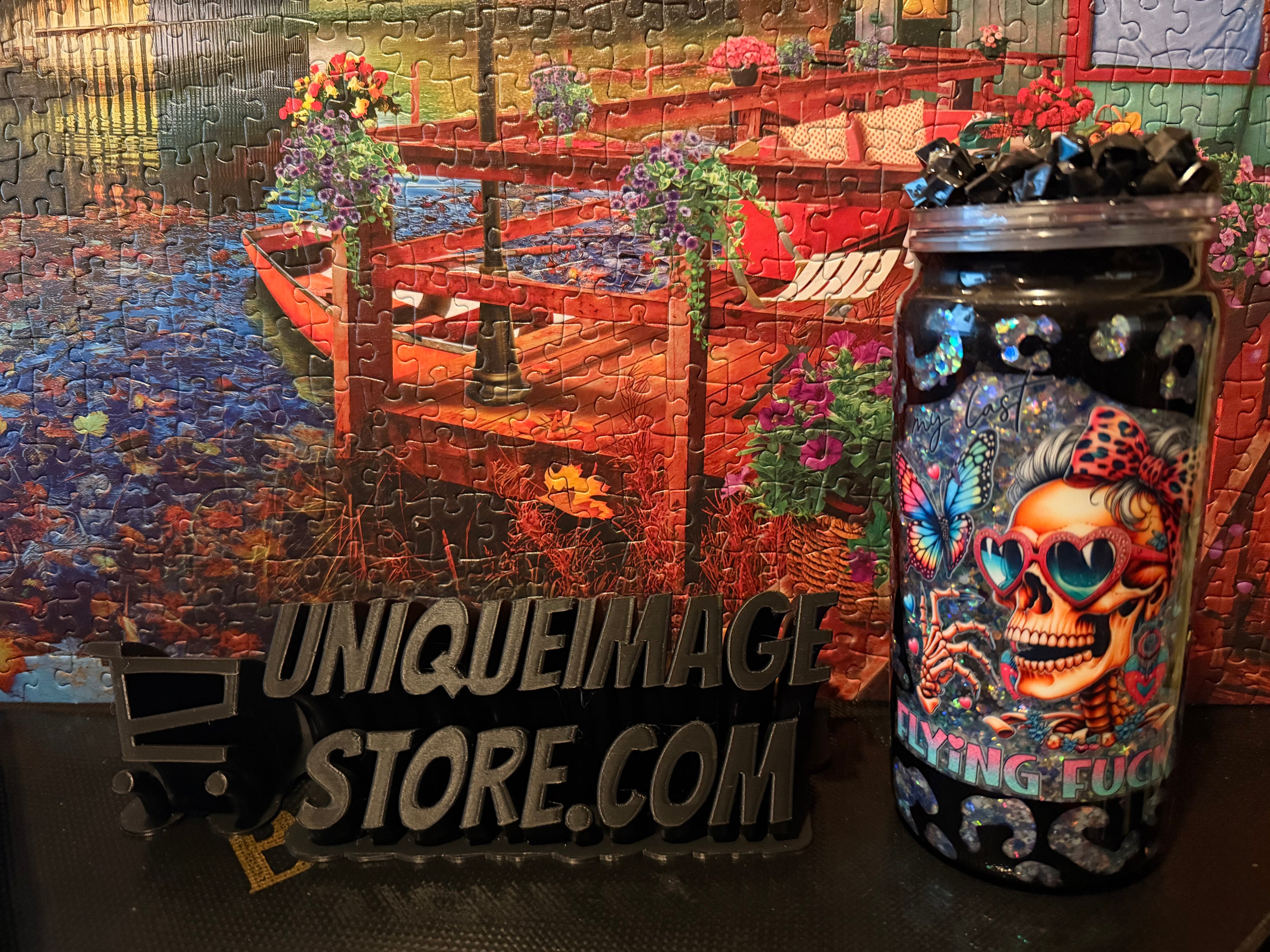 20 oz Peekaboo Snow Globe Tumbler with Skull decal