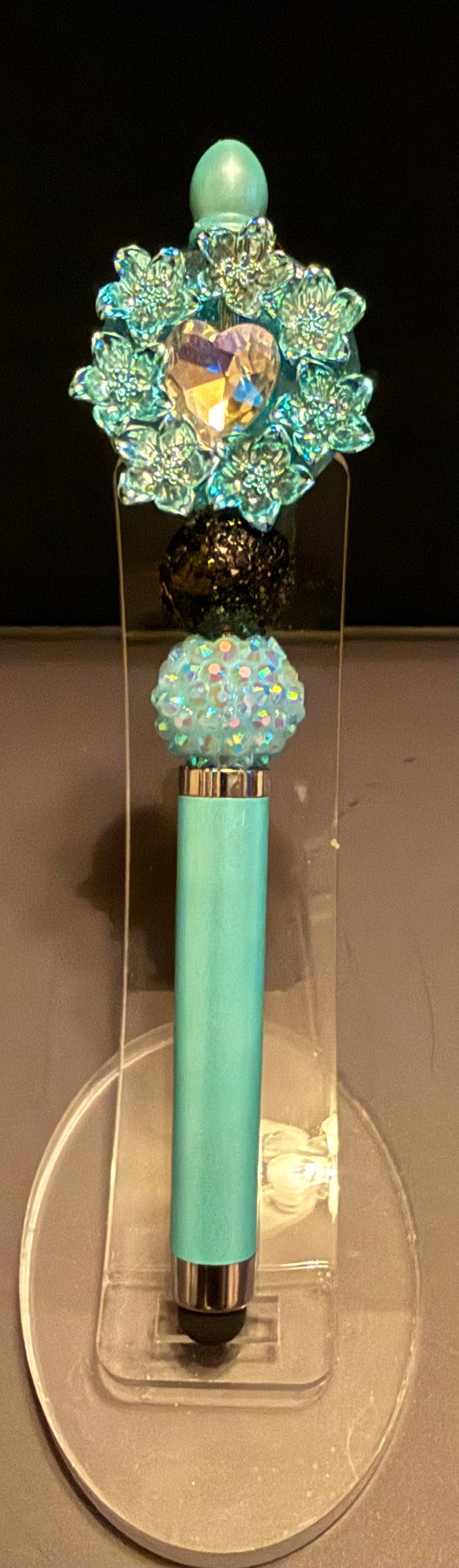 Beaded mini stylus into pen/ blue and black
